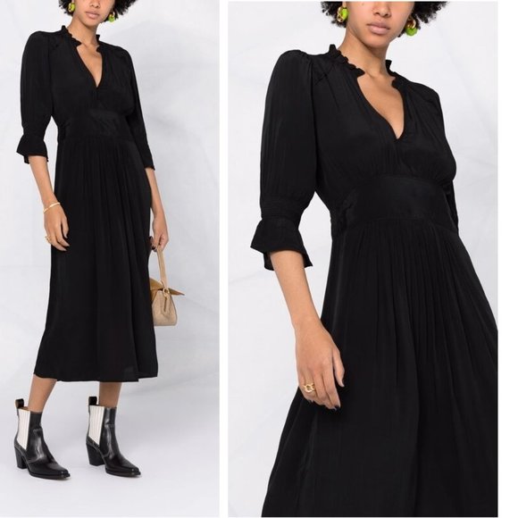 V Neck Ruffle Collar Pleated Midi Dress 